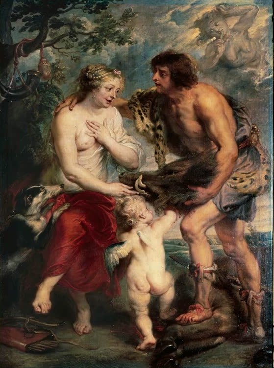 Peter Paul Rubens Meleager und Atalante Kunstkopie, Jäger reicht Atalante den Eberkopf, Amor und Jagdhund an ihrer Seite
