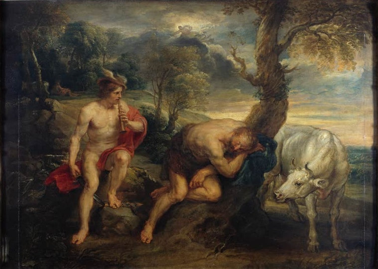 Peter Paul Rubens Merkur und Argus Kunstkopie, Götterbote mit Flöte und schlafender Wächter neben einer weißen Kuh