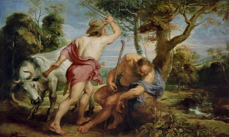 Peter Paul Rubens Merkur und Argus Kunstkopie, Götterbote mit Schwert vor dem schlafenden Hirten und einer Kuh im Wald