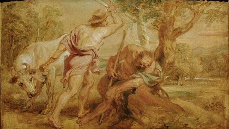 Peter Paul Rubens Merkur und Argus Kunstkopie, Ölskizze: Merkur mit Schwert über dem schlafenden Argus und weißer Kuh