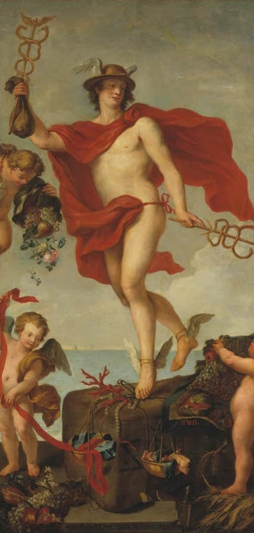 Peter Paul Rubens Merkur verlässt Antwerpen Kunstkopie, Götterbote im roten Mantel mit Heroldsstab über Handelsgut und Putten
