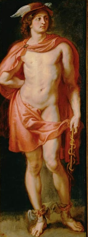 Peter Paul Rubens Merkur Kunstkopie, Götterbote mit Flügelhut, rosa Umhang und Schlangenstab vor dunklem Grund