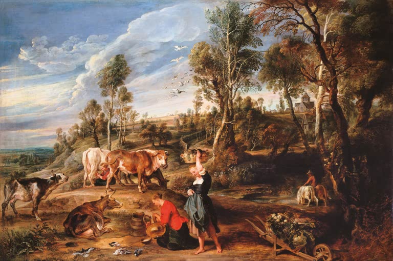 Peter Paul Rubens Milchmägde mit Vieh in einer Landschaft Kunstkopie, Kühe, Melkerinnen und Bäume unter bewegtem Himmel