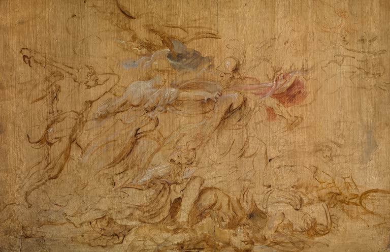 Peter Paul Rubens Minerva und Herkules halten Mars zurück Kunstkopie, bewegte Figuren in feiner brauner Federzeichnung