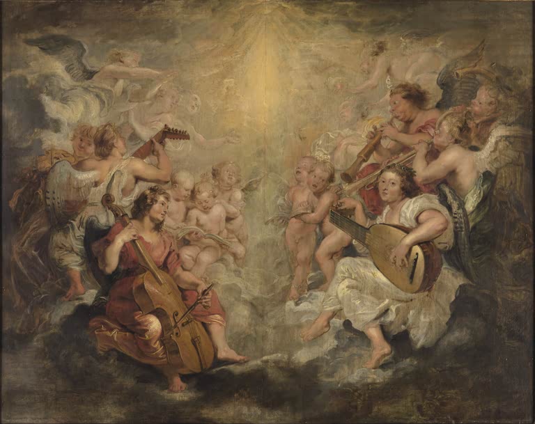 Peter Paul Rubens Musizierende Engel Kunstkopie, Engel mit Cello, Laute und Blasinstrumenten in goldenem Wolkenlicht