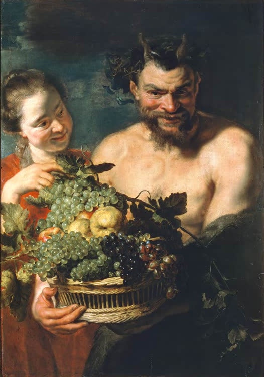 Peter Paul Rubens Nymphe und Satyr Kunstkopie, grinsender Satyr und junge Frau mit Korb voller Trauben und Äpfeln