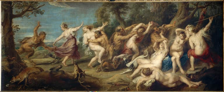 Peter Paul Rubens Nymphen der Diana, von Satyrn überrascht Kunstkopie, fliehende Nymphen und Satyrn in einer Waldlandschaft