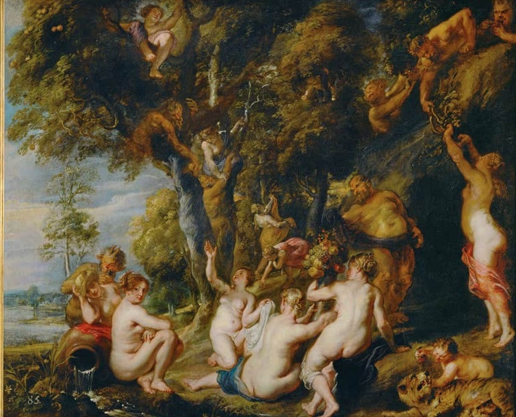 Peter Paul Rubens Nymphen und Satyrn Kunstkopie, Nymphen und Satyrn unter einem Fruchtbaum, Füllhorn und junger Tiger