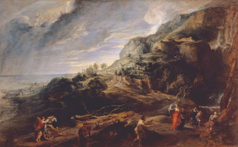 Peter Paul Rubens Odysseus auf der Insel der Phäaken Kunstkopie, Felslandschaft am Meer mit Frauen und einem Wagen