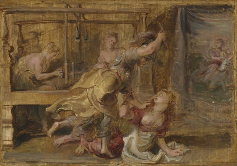Peter Paul Rubens Pallas und Arachne Kunstkopie, behelmte Göttin schlägt Weberin am Webstuhl, Ölskizze in warmen Ocker-Tönen
