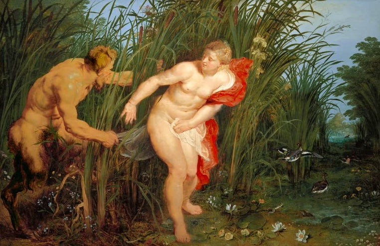 Peter Paul Rubens Pan und Syrinx Kunstkopie, Satyr verfolgt eine junge Frau mit rotem Tuch im hohen Schilf am Teich