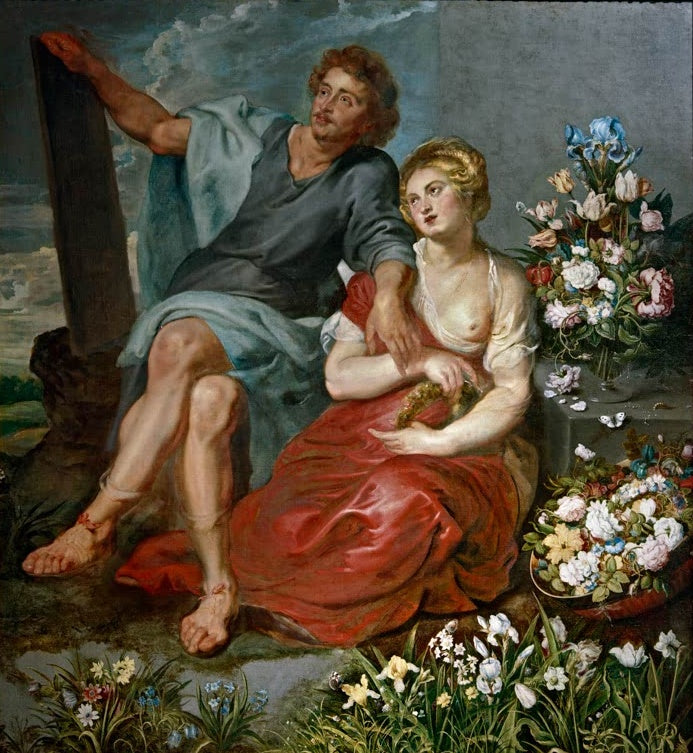 Peter Paul Rubens Pausias und Glycera Kunstkopie, Maler und Blumenmädchen mit Kranz zwischen Blumensträußen und Blüten