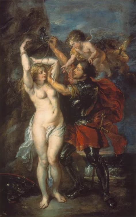 Peter Paul Rubens Perseus befreit Andromeda Kunstkopie, Ritter in Rüstung löst die gefesselte Frau, Amor schwebt darüber