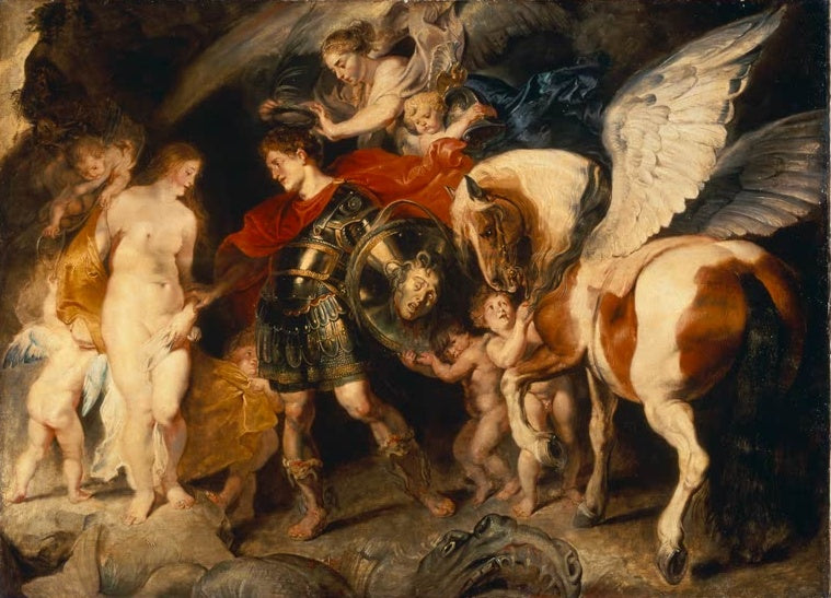 Peter Paul Rubens Perseus und Andromeda Kunstkopie, Held in Rüstung mit Medusenschild neben Andromeda und dem Pegasus