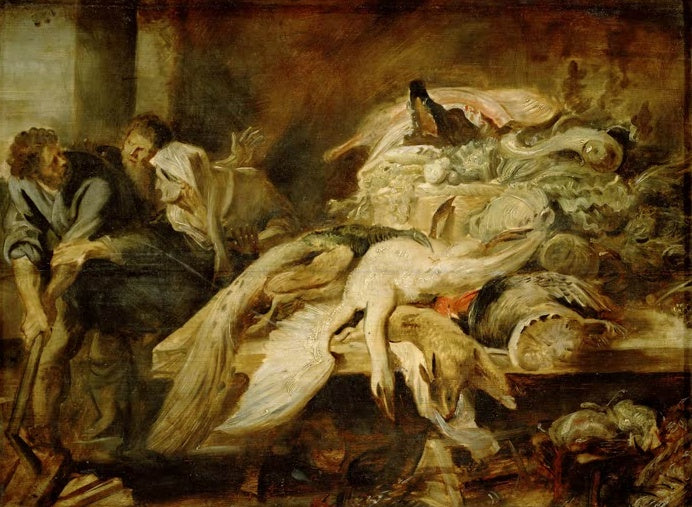 Peter Paul Rubens Philopoemen Kunstkopie, Feldherr beim Holzhacken neben einem Tisch mit Pfau, Hase und Fisch