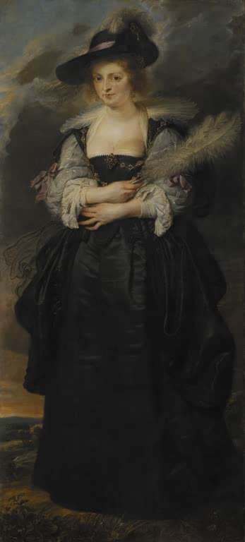Peter Paul Rubens Porträt der Helena Fourment Kunstkopie, Frau mit Federhut und Straußenfeder in dunklem Seidenkleid