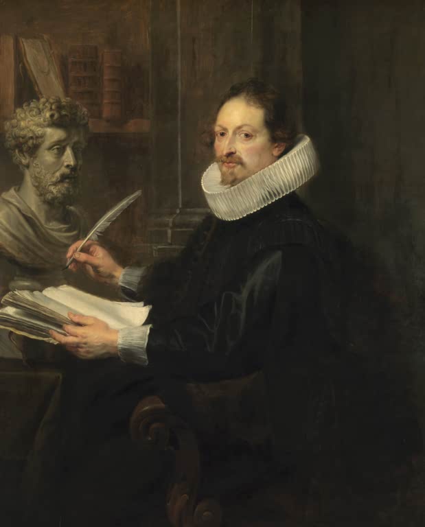 Peter Paul Rubens Porträt des Gaspar Gevartius Kunstkopie, Gelehrter mit Feder, Buch und Büste im dunklen Arbeitszimmer