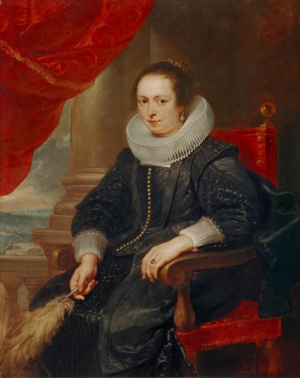 Peter Paul Rubens Porträt einer Frau Kunstkopie, sitzende Frau in dunklem Kleid mit Halskrause und Federfächer