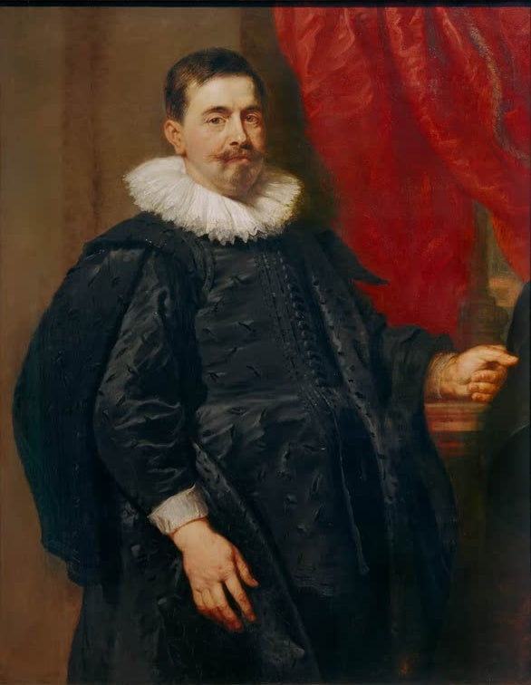 Peter Paul Rubens Porträt eines Mannes Kunstkopie, Mann in schwarzer Tracht mit weißer Halskrause vor rotem Vorhang