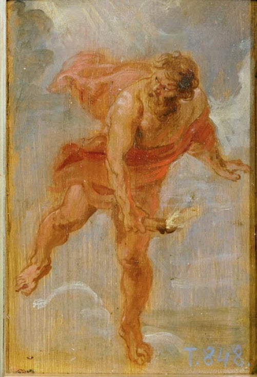 Peter Paul Rubens Prometheus bringt das Feuer zur Erde Kunstkopie, schreitender Mann mit glühender Fackel vor Wolken