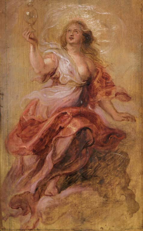 Peter Paul Rubens Psyche Kunstkopie, schwebende Frau in rosa Gewand mit erhobenem Glasgefäß vor goldenem Grund