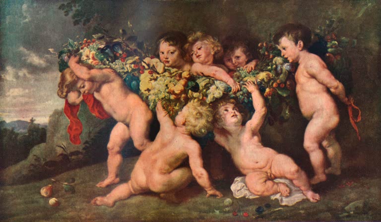 Peter Paul Rubens Putten mit Fruchtgirlande Kunstkopie, spielende Kinder tragen eine üppige Girlande aus Früchten und Blumen