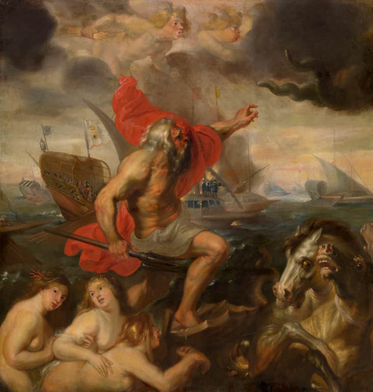 Peter Paul Rubens Quos ego Kunstkopie, Neptun mit Dreizack auf Seepferden über wogendem Meer, Nymphen und Schiffe