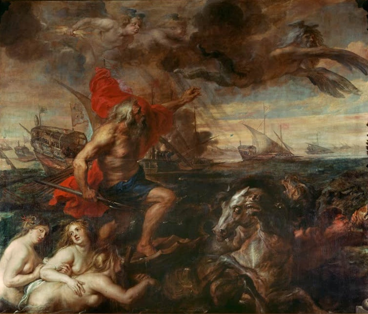 Peter Paul Rubens Quos ego Neptun beschwichtigt die Wogen Kunstkopie, Meeresgott im roten Umhang vor Schiffen und Sturm