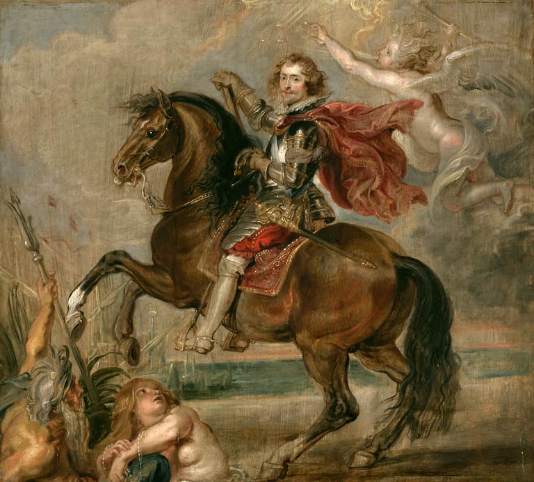Peter Paul Rubens Reiterbildnis des Herzogs von Buckingham Kunstkopie, Rüstung, steigendes Pferd, Siegesgöttin