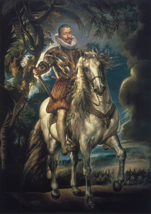 Peter Paul Rubens Reiterbildnis des Herzogs von Lerma Kunstkopie, Herzog in Rüstung auf weißem Pferd unter Bäumen