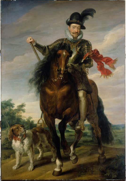 Peter Paul Rubens Sigismund III. Wasa Kunstkopie, König in Rüstung mit Federhut zu Pferd mit Hund vor Wolkenhimmel