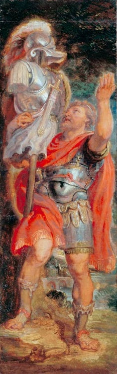 Peter Paul Rubens Romulus pflanzt eine Trophäe auf Kunstkopie, Krieger in rotem Mantel hebt die Hand neben einer Rüstung