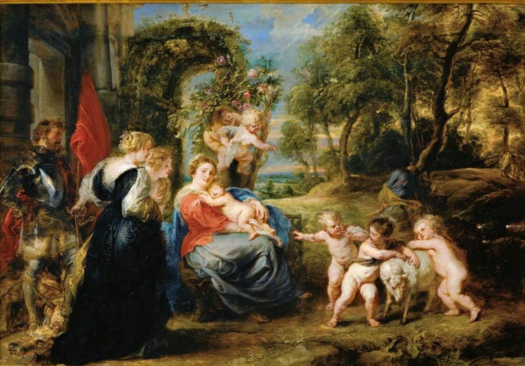 Peter Paul Rubens Ruhe auf der Flucht nach Ägypten Kunstkopie, Maria mit Kind unter Rosenbogen, Ritter und Kinder mit Lamm