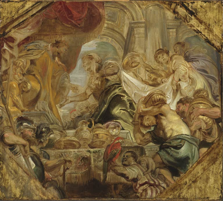 Peter Paul Rubens Salomo empfängt die Königin von Saba, Ölskizze Kunstkopie, Königin mit Gefolge und Goldgefäßen vor Thron