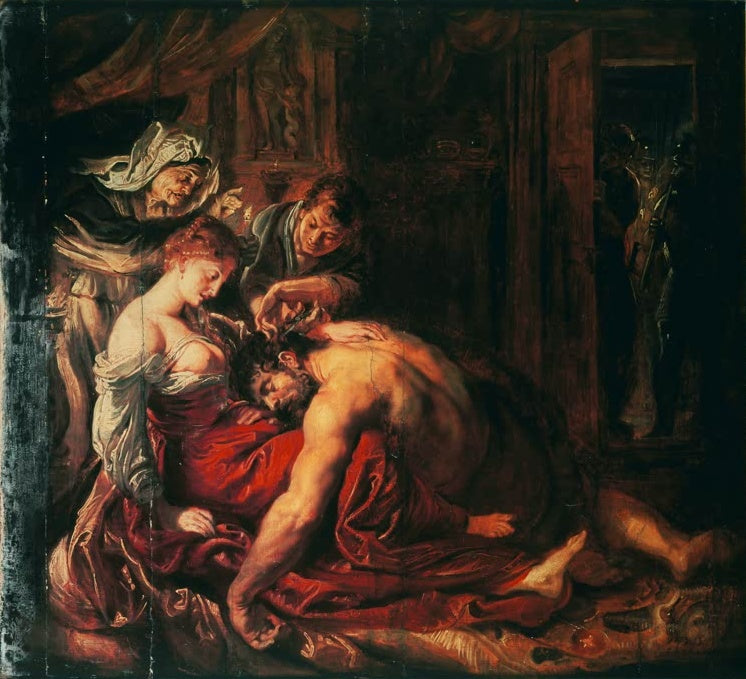 Peter Paul Rubens Samson und Delila Kunstkopie, Samson im Schoß der Frau, ein Mann schneidet sein Haar