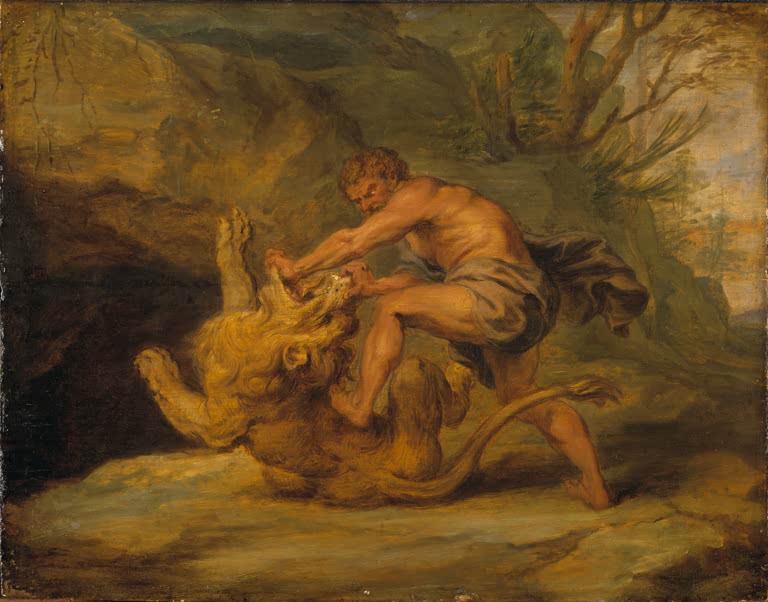 Peter Paul Rubens Samson und der Löwe Kunstkopie, kräftiger Mann reißt einem Löwen das Maul auf