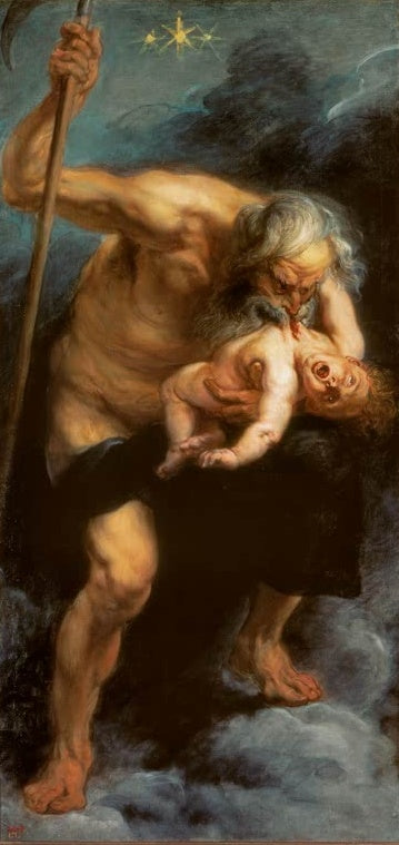 Peter Paul Rubens Saturn verschlingt einen Sohn Kunstkopie, bärtiger Gott beißt in ein schreiendes Kind vor Wolken