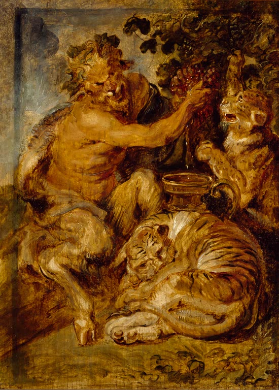 Peter Paul Rubens Satyr beim Traubenpressen Kunstkopie, Satyr presst Trauben neben Krug, Tiger und aufgerichtetem Leoparden