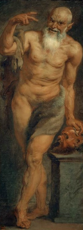 Peter Paul Rubens Satyr Kunstkopie, lebensgroßer bärtiger Satyr mit erhobener Hand und Maske auf einem Steinsockel