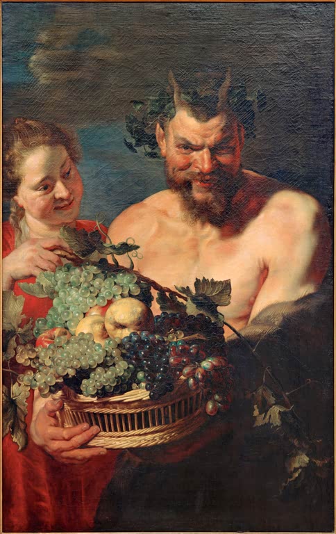 Peter Paul Rubens Satyr und Mädchen mit Früchtekorb Kunstkopie, Satyr mit Weinlaub, Frau in Rot mit Trauben und Äpfeln