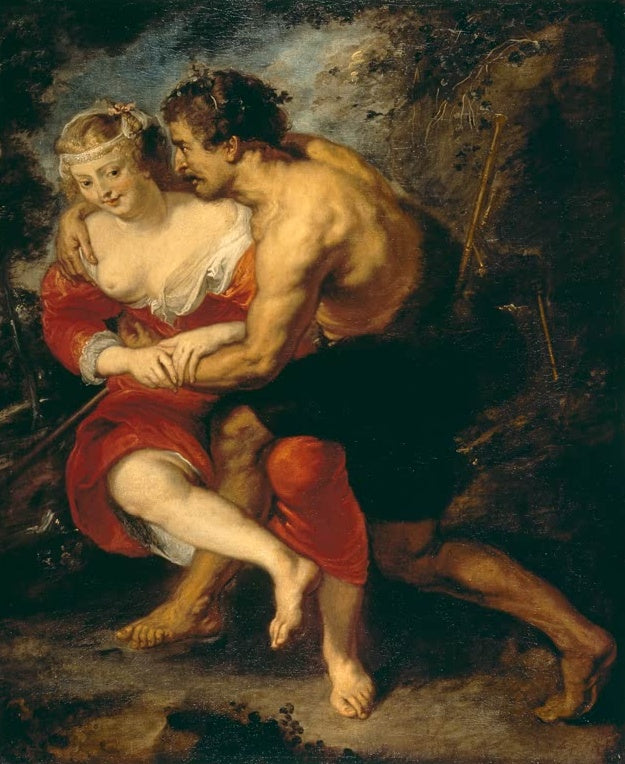 Peter Paul Rubens Schäferszene Kunstkopie, kräftiger Hirte umfasst eine junge Frau im roten Kleid im dunklen Wald