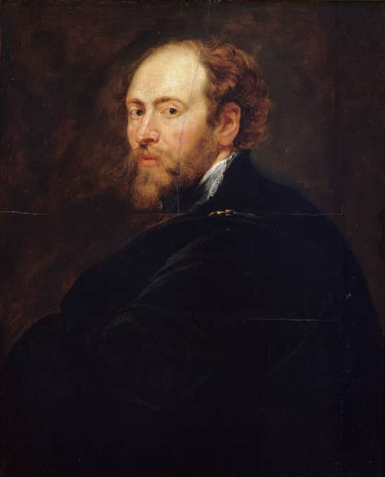 Peter Paul Rubens Selbstbildnis Kunstkopie, Künstler mit Bart und lockigem Haar in dunklem Umhang vor braunem Grund