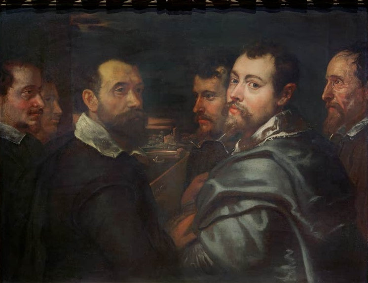 Peter Paul Rubens Selbstbildnis im Kreise der Mantuaner Freunde Kunstkopie, fünf Männer in dunkler Kleidung im Gespräch