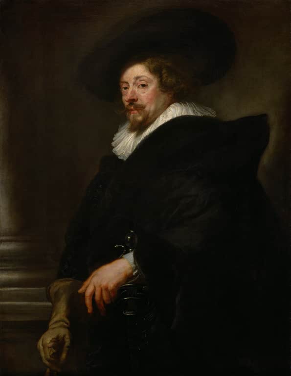 Peter Paul Rubens Selbstbildnis mit Hut, Wien Kunstkopie, Maler in schwarzem Umhang, breitem Hut und weißem Kragen