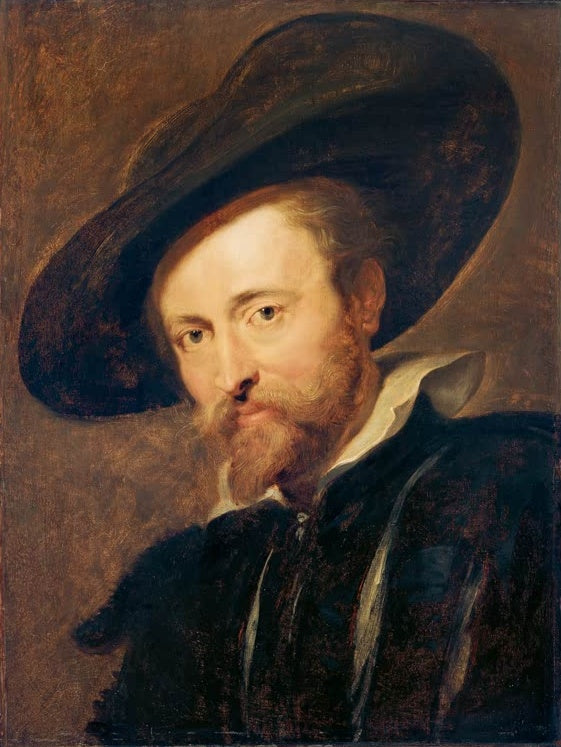 Peter Paul Rubens Selbstporträt Kunstkopie, Maler mit breitem schwarzem Hut, rötlichem Bart und weißem Kragen