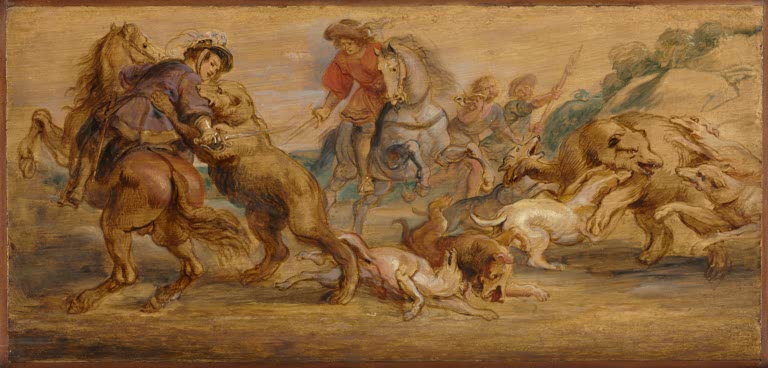 Peter Paul Rubens Studie zur Bärenjagd Kunstkopie, Reiter und Jagdhunde im Kampf mit Bären in einer schmalen Ölskizze