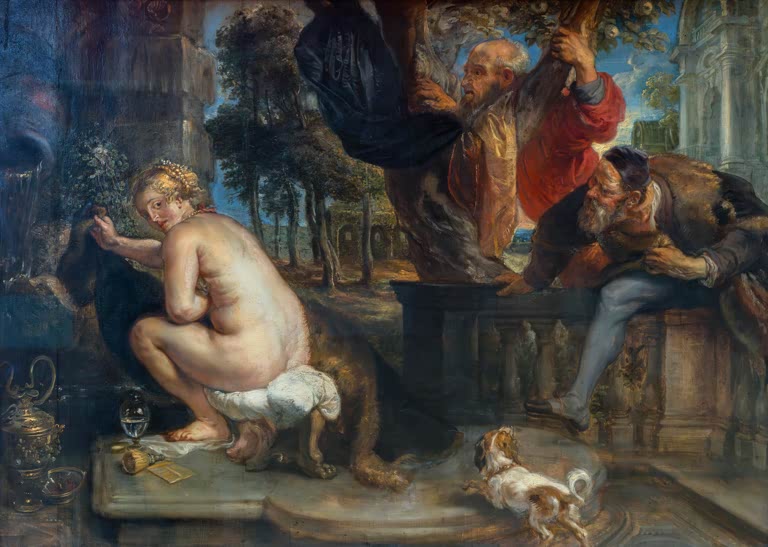 Peter Paul Rubens Susanna im Bade Kunstkopie, Frau an einem Brunnen von zwei Männern aus dem Garten beobachtet