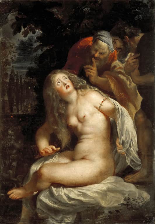 Peter Paul Rubens Susanna und die beiden Alten Kunstkopie, entsetzte Frau im hellen Tuch, zwei bärtige Männer bedrängen sie