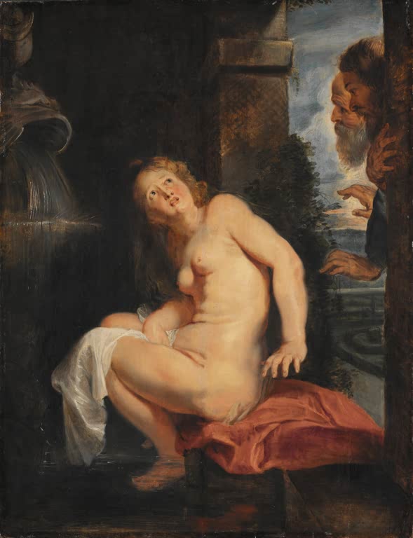Peter Paul Rubens Susanna und die beiden Alten Kunstkopie, sitzende Frau mit rotem Tuch, rechts spähen zwei bärtige Männer