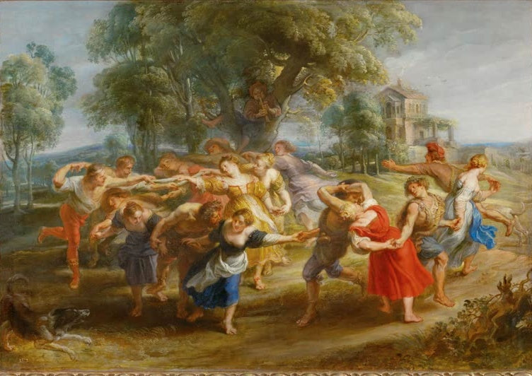 Peter Paul Rubens Tanz italienischer Bauern Kunstkopie, ausgelassener Reigen von Tänzern unter Bäumen mit Dudelsackspieler
